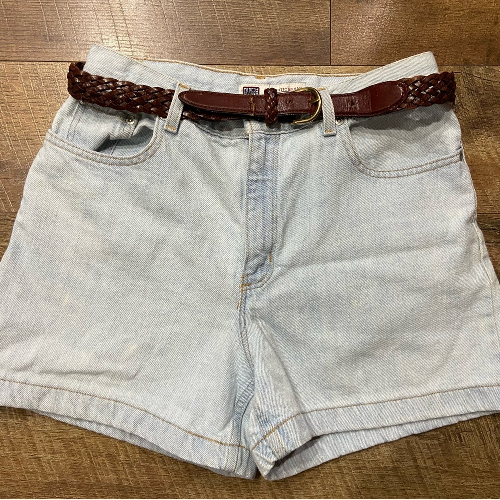 Women's Light Blue Vintage Denim Shorts with Brown Braided Belt